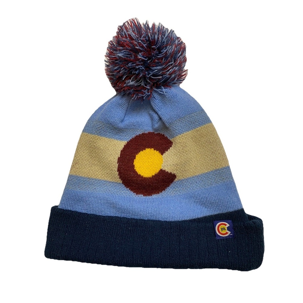 YoColorado Beanie Hat Colorado Flag Logo Blue Striped Pom Pom Knit Cuffed Mens
